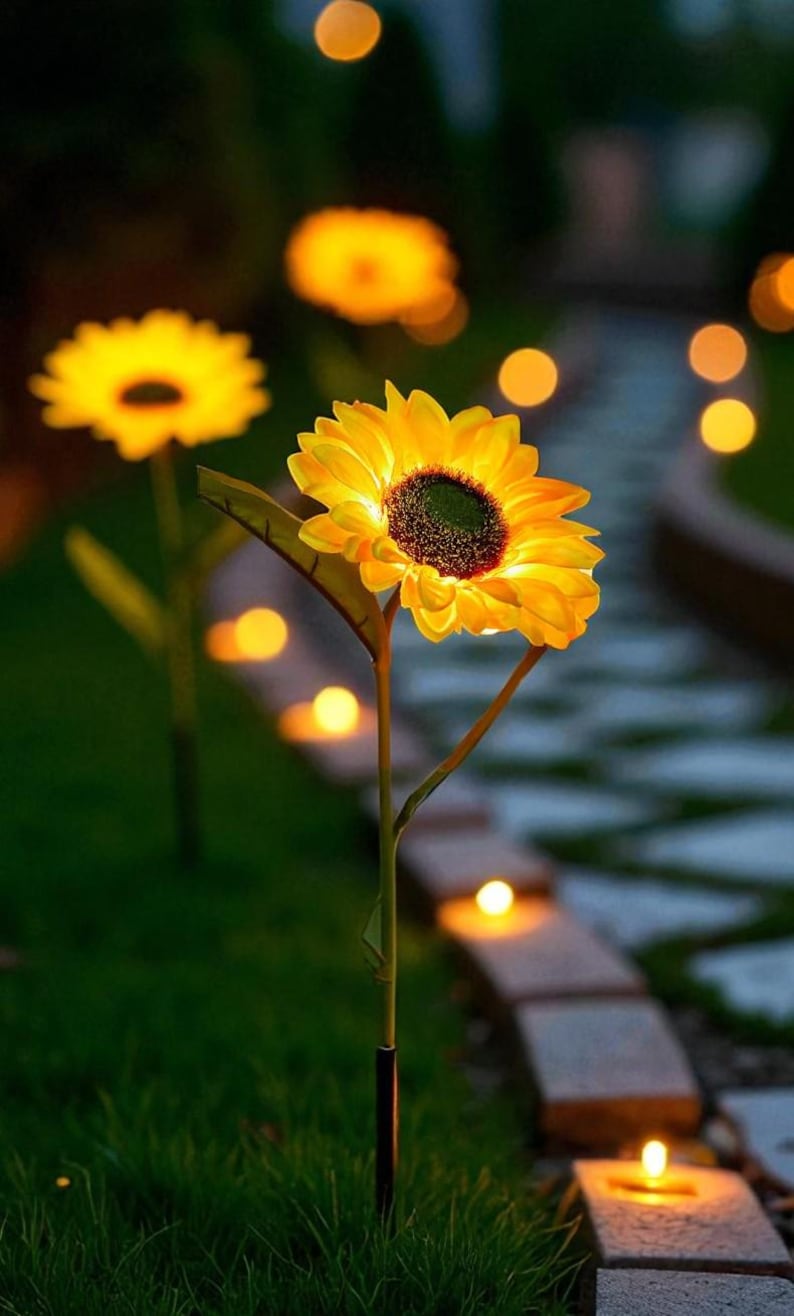 Wasserdichte LED Solar Sonnenblumen Gartenlichter, warmes goldenes Licht, 70 cm Höhe, ABS-Kunststoff