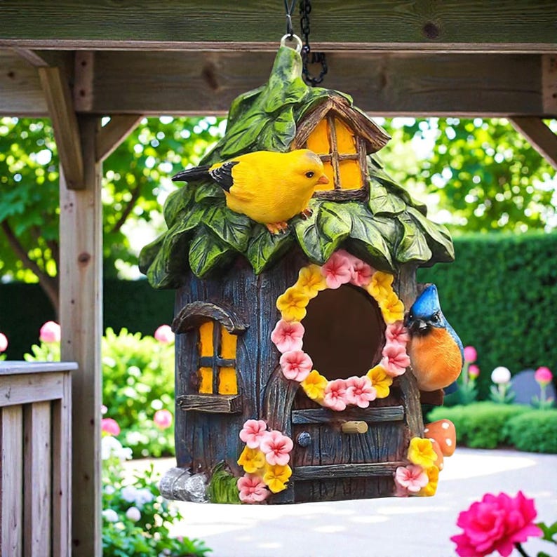 Hängendes Vogelhaus mit Blumenmuster aus Harz für den Außenbereich, wetterbeständige Hinterhof-Dekoration