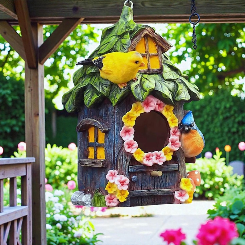 Hängendes Vogelhaus mit Blumenmuster aus Harz für den Außenbereich, wetterbeständige Hinterhof-Dekoration