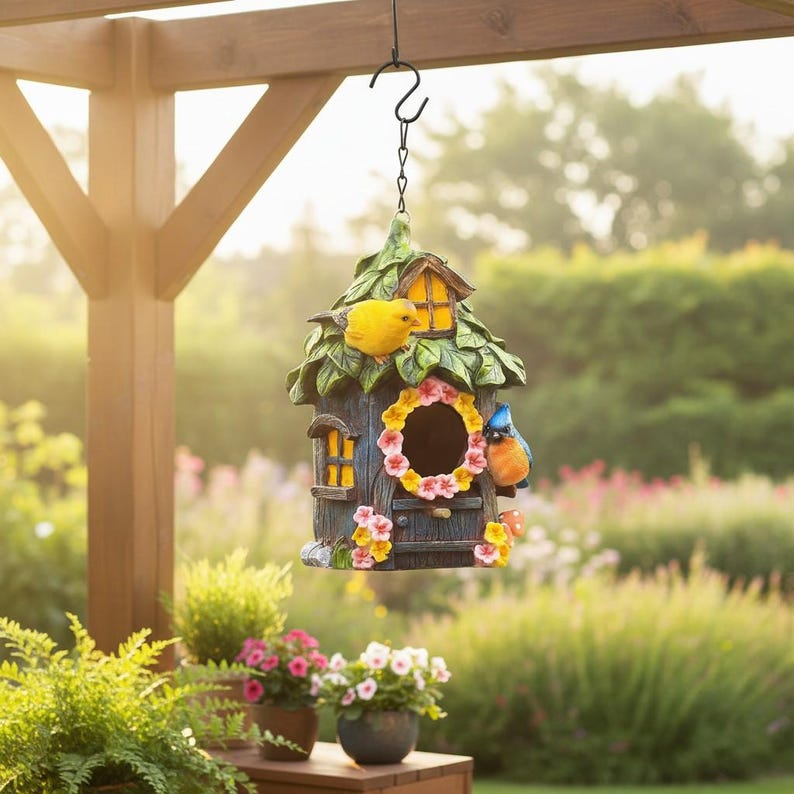 Hängendes Vogelhaus mit Blumenmuster aus Harz für den Außenbereich, wetterbeständige Hinterhof-Dekoration