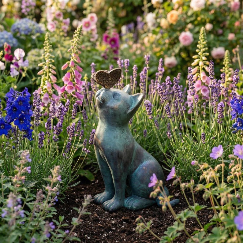 Katzenstatue mit Schmetterling Gartenfigur 20cm Außendekoration Rasenverzierung Tierskulptur