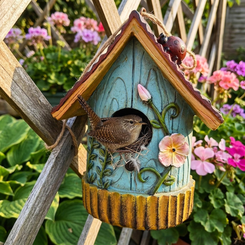 Blaues Blumenvogelhaus Rustikaler Nistkasten Klein Hängendes Vogelhaus Frühling Sommer Natur Dekor