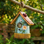 Blaues Blumenvogelhaus Rustikaler Nistkasten Klein Hängendes Vogelhaus Frühling Sommer Natur Dekor