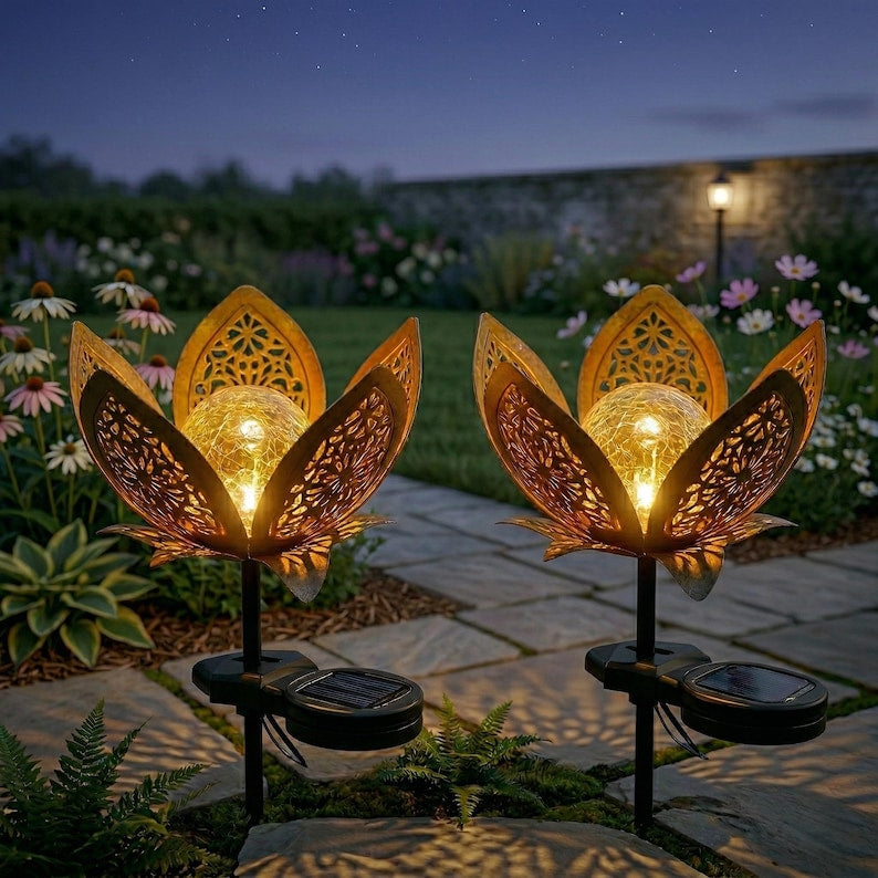 Solar Lotus Blume Licht Crackle Glass Laternenpfahl Metall Außenlampe