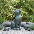 Katzenstatue mit Schmetterling Gartenfigur 20cm Außendekoration Rasenverzierung Tierskulptur