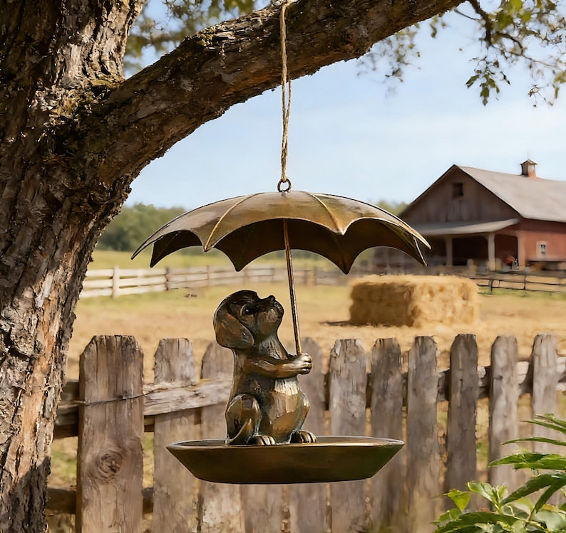 Metall Vogelhaus mit Eichhörnchen und Regenschirm, Antikes Bronze-Finish, für Garten Hof Dekoration