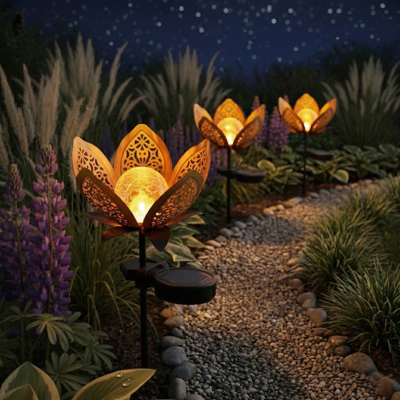 Solar Lotus Blume Licht Crackle Glass Laternenpfahl Metall Außenlampe