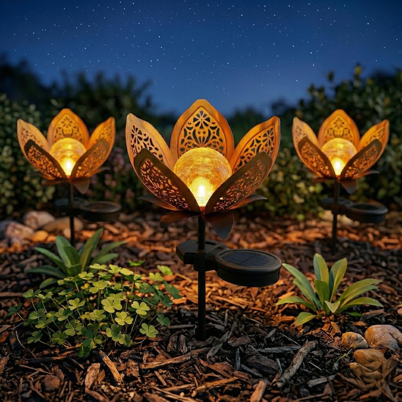 Solar Lotus Blume Licht Crackle Glass Laternenpfahl Metall Außenlampe