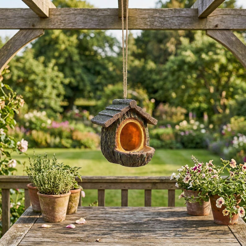 Vogelhaus Hängend Baumstumpf Harz 12 cm Braun – Outdoor Vogelhäuschen