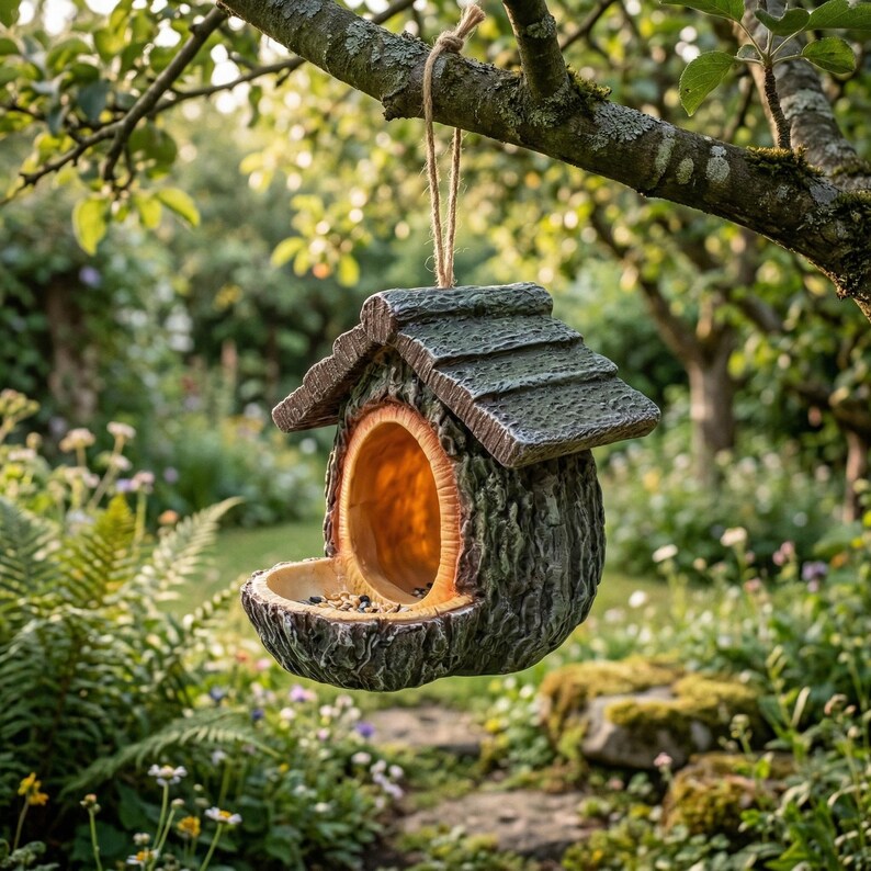 Vogelhaus Hängend Baumstumpf Harz 12 cm Braun – Outdoor Vogelhäuschen