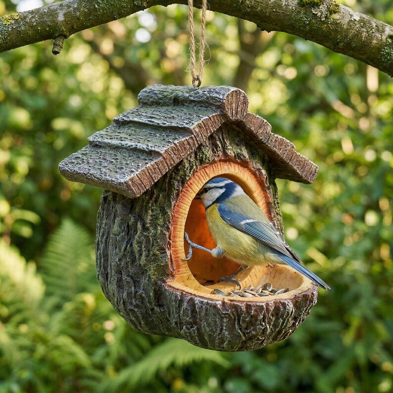 Vogelhaus Hängend Baumstumpf Harz 12 cm Braun – Outdoor Vogelhäuschen