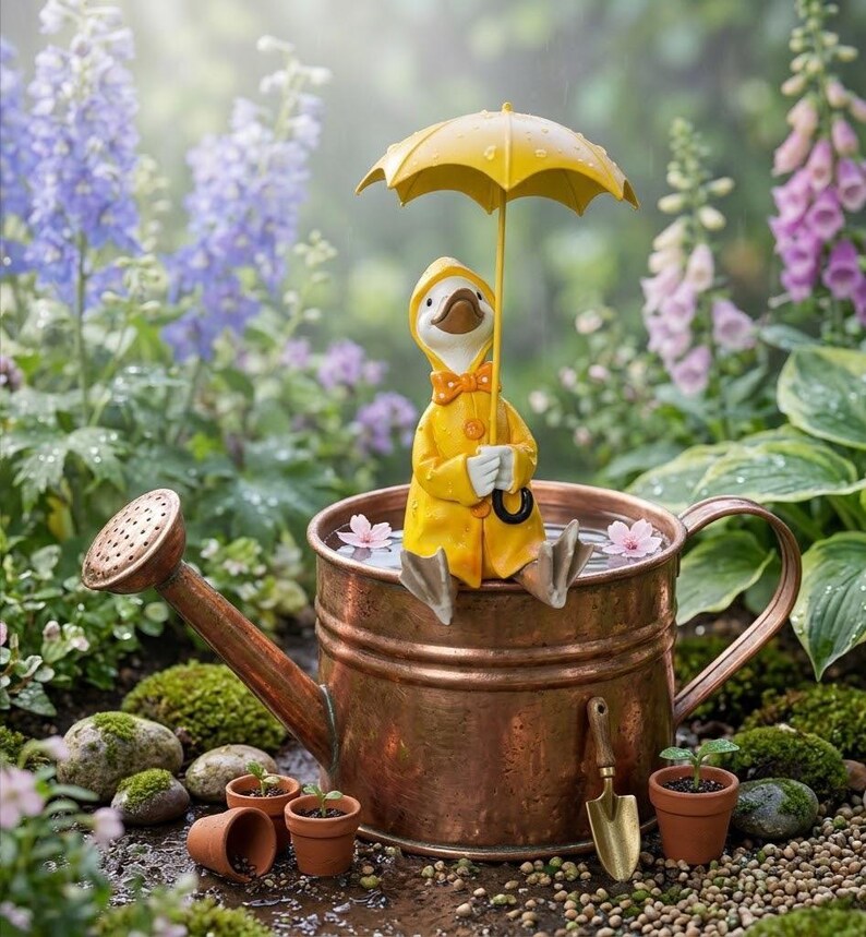 Harz Ente mit gelbem Sonnenschirm als Garten Dekoration, wetterbeständig, für Außenbereich