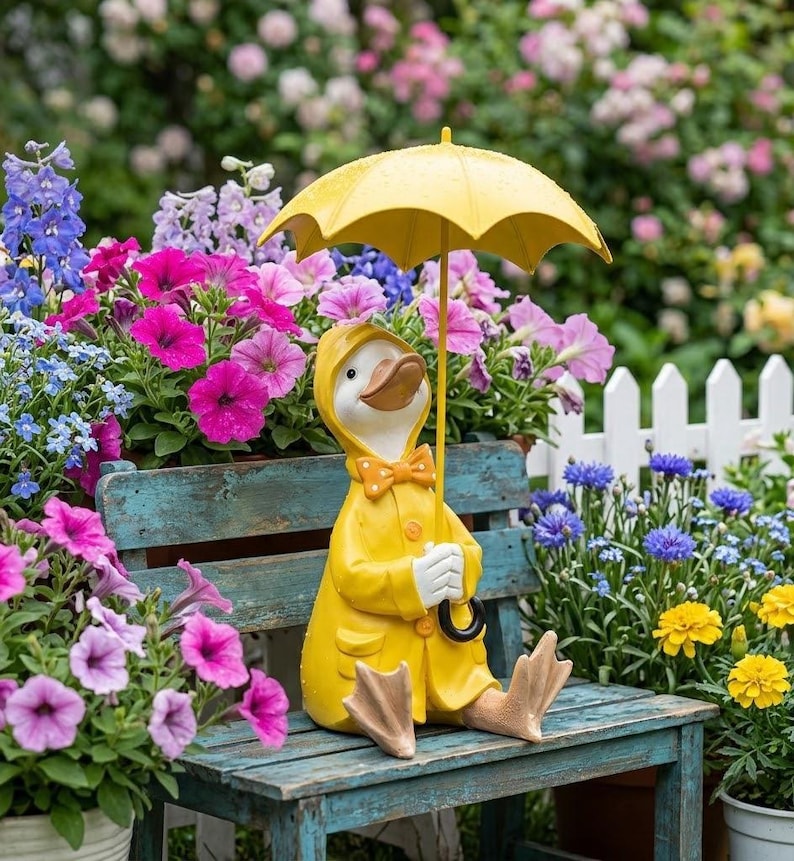 Harz Ente mit gelbem Sonnenschirm als Garten Dekoration, wetterbeständig, für Außenbereich