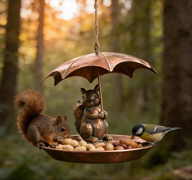 Metall Vogelhaus mit Eichhörnchen und Regenschirm, Antikes Bronze-Finish, für Garten Hof Dekoration