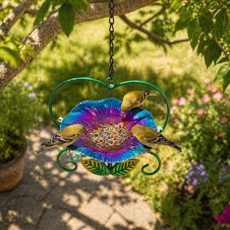 Hängende Eisenblumen-Herz-Vogeltränke-Feeder - Garten-Terrassen-Dekor-Wassertablett