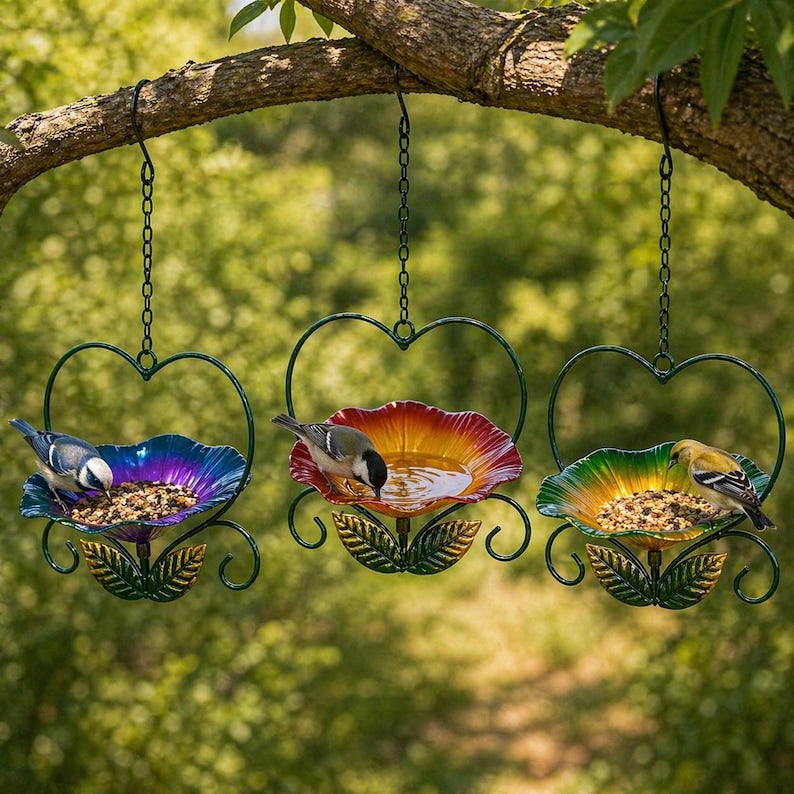 Hängende Eisenblumen-Herz-Vogeltränke-Feeder - Garten-Terrassen-Dekor-Wassertablett