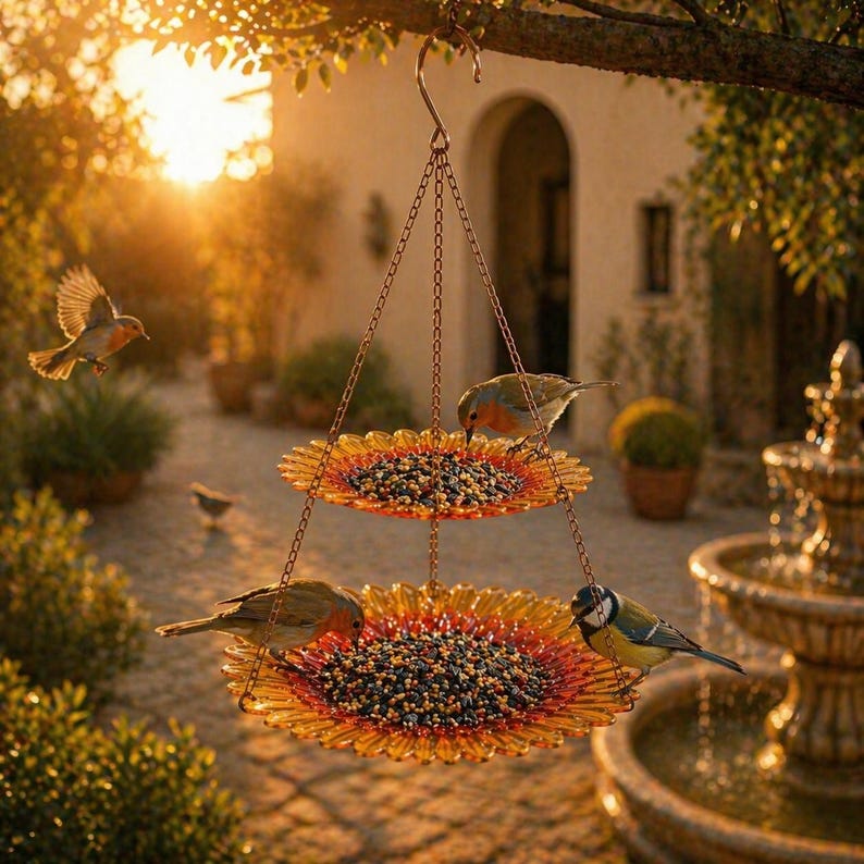Sonnenblumen-Hängevogelhäuschen mit zwei Samenschalen für Bestäuber, Gartendekor