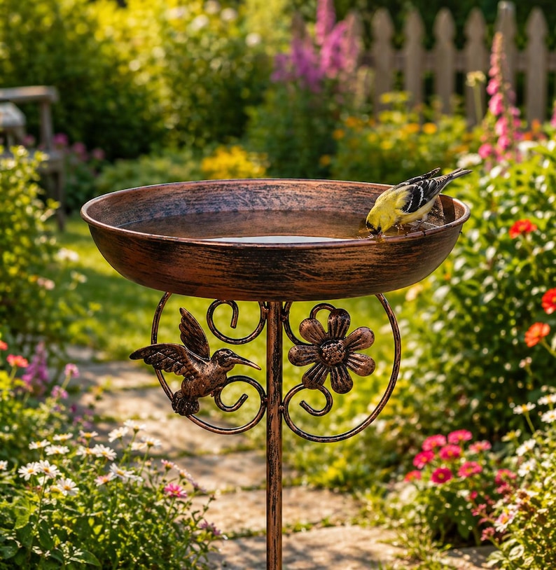 Metall Vogeltränke Stand Garten Vogel Samen Schale Dekorative Vogeltränke Schüssel Kolibri Gartenfutterpfahl Terrasse Yard Decor