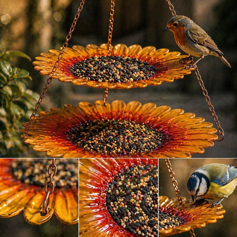 Sonnenblumen-Hängevogelhäuschen mit zwei Samenschalen für Bestäuber, Gartendekor