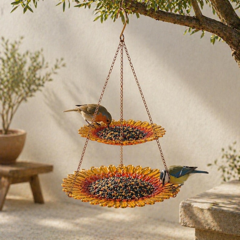 Sonnenblumen-Hängevogelhäuschen mit zwei Samenschalen für Bestäuber, Gartendekor