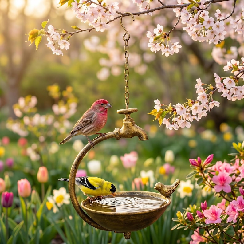 Hängende Vogeltränke mit Vintage Wasserhahn, Gusseisen, rustikale Wildvogel-Badeschale, Gartenkunst im Freien