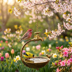 Hängende Vogeltränke mit Vintage Wasserhahn, Gusseisen, rustikale Wildvogel-Badeschale, Gartenkunst im Freien