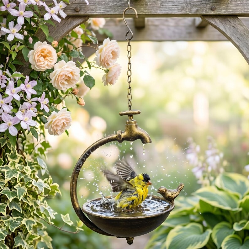 Hängende Vogeltränke mit Vintage Wasserhahn, Gusseisen, rustikale Wildvogel-Badeschale, Gartenkunst im Freien