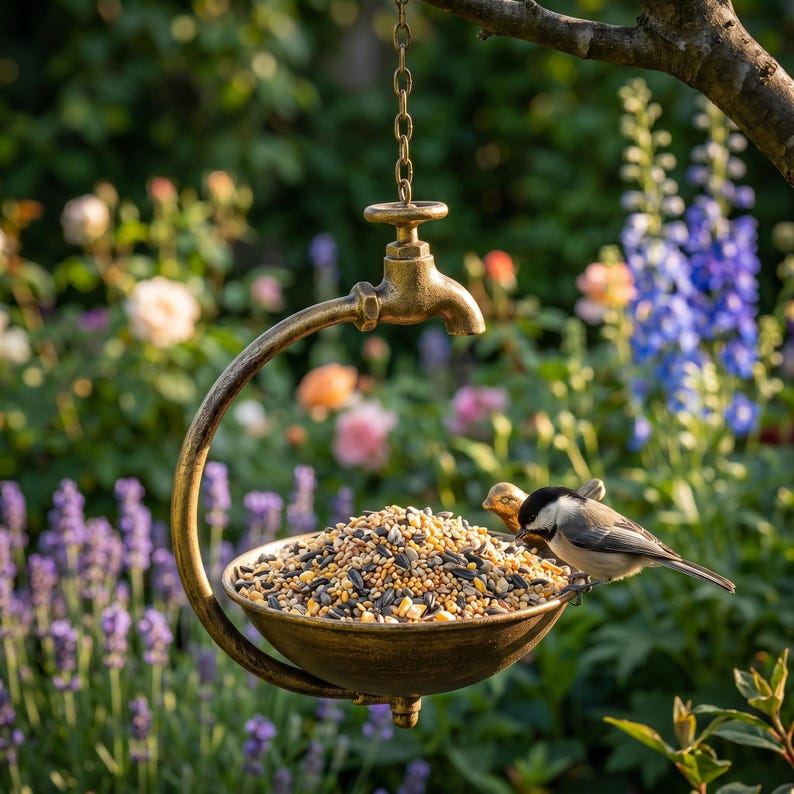 Hängende Vogeltränke mit Vintage Wasserhahn, Gusseisen, rustikale Wildvogel-Badeschale, Gartenkunst im Freien