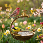 Hängende Vogeltränke mit Vintage Wasserhahn, Gusseisen, rustikale Wildvogel-Badeschale, Gartenkunst im Freien