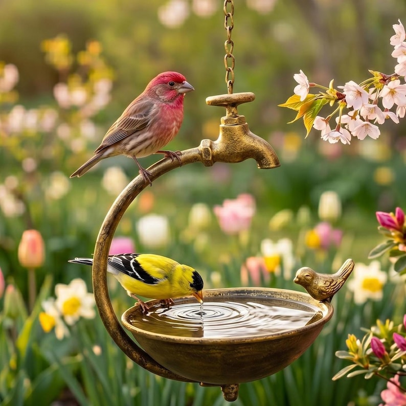 Hängende Vogeltränke mit Vintage Wasserhahn, Gusseisen, rustikale Wildvogel-Badeschale, Gartenkunst im Freien