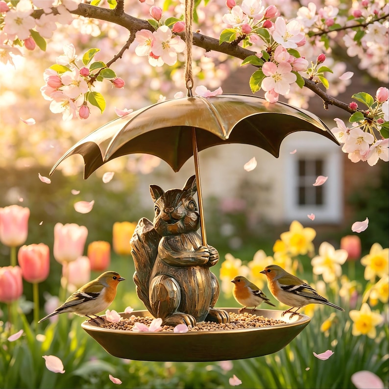 Metall Vogelhaus mit Eichhörnchen und Regenschirm, Antikes Bronze-Finish, für Garten Hof Dekoration