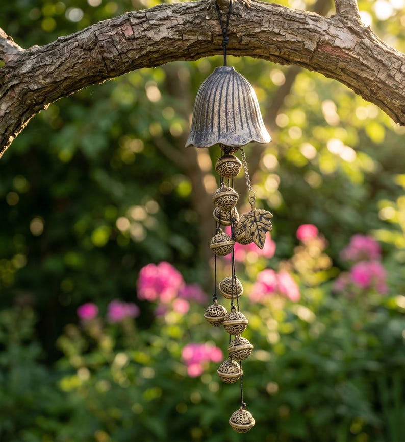 Eisen Türhänger Windspiel mit Glocken und Blattakzent, rustikale Gartendekoration, antikes Finish