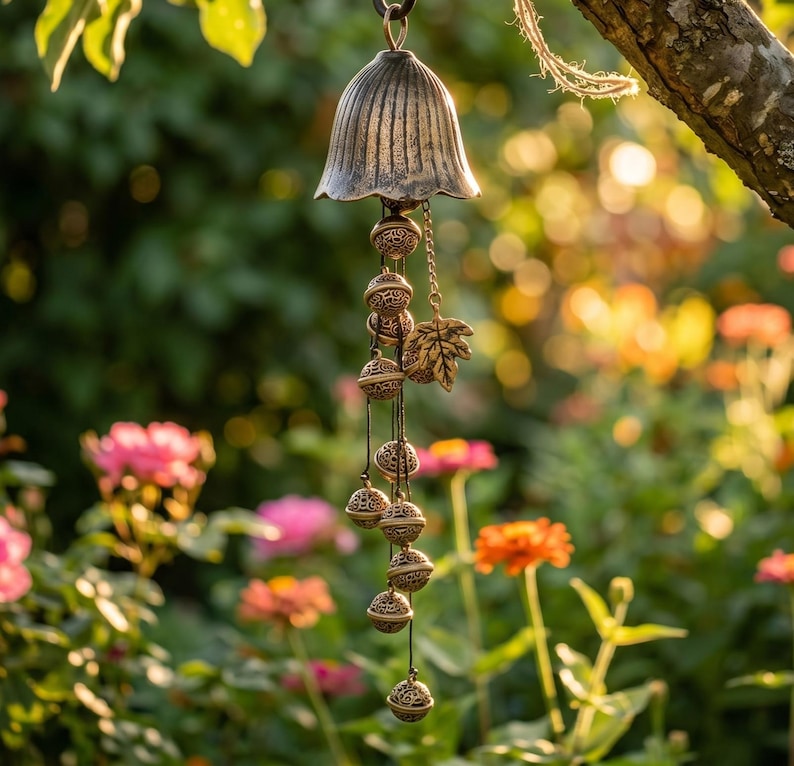 Eisen Türhänger Windspiel mit Glocken und Blattakzent, rustikale Gartendekoration, antikes Finish