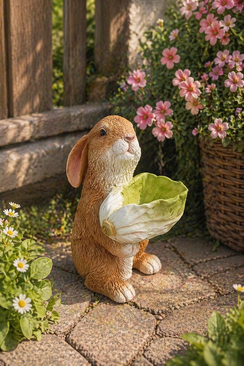 Harz Kaninchen Gartenstatue Blumentopfstatue, 21 cm, braun, für Innen- und Außendekoration