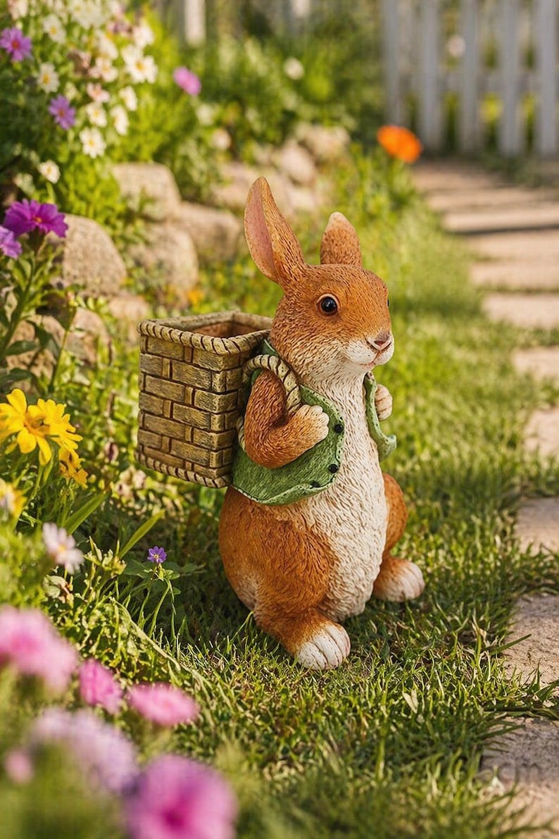 Harz Kaninchen Garten Statue Blumentopf Dekoration mit Korb Rucksack, 32 cm, Outdoor Skulptur