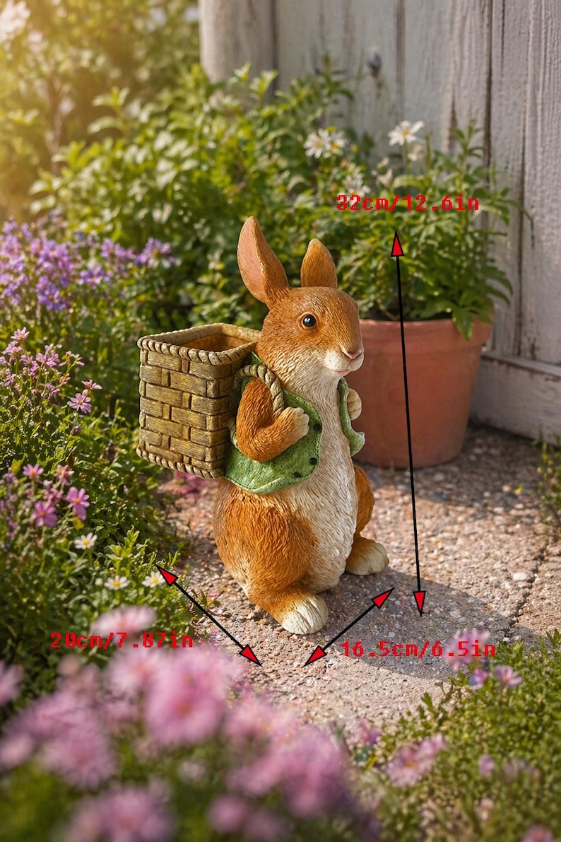 Harz Kaninchen Garten Statue Blumentopf Dekoration mit Korb Rucksack, 32 cm, Outdoor Skulptur