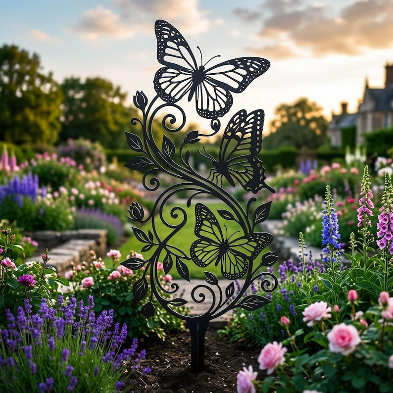Butterfly Vine Metal Garden Stake Laser Cut Floral Scroll Yard Art