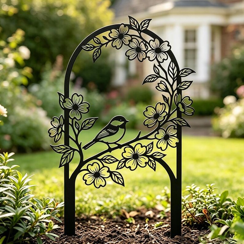 Vogel Gartenstecker aus Metall mit Blumendekoration, Cottagecore rustikales Gartenschild, Outdoor-Dekoration