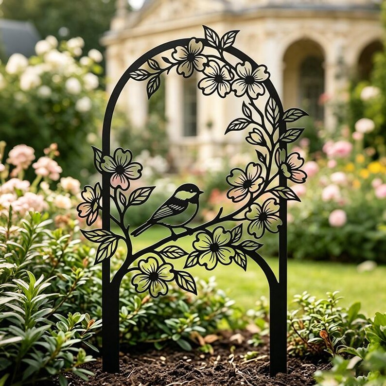 Vogel Gartenstecker aus Metall mit Blumendekoration, Cottagecore rustikales Gartenschild, Outdoor-Dekoration