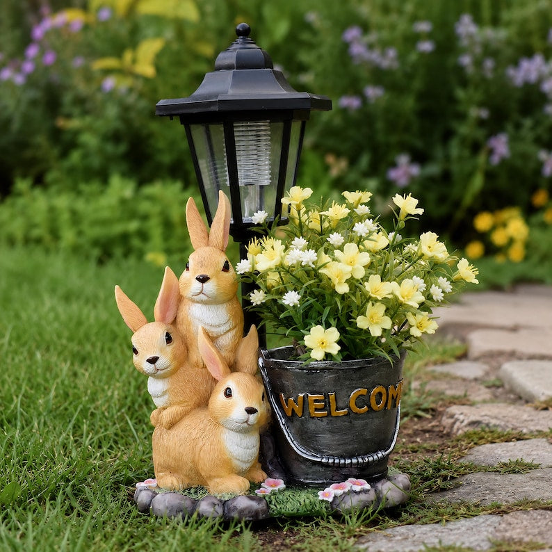 Solar Kaninchen Garten Licht Pflanzer, Harz Kaninchen Familie Yard Terrasse Dekor, 32.5 cm