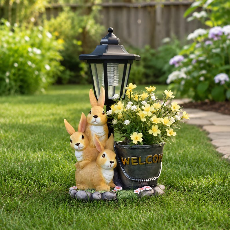 Solar Kaninchen Garten Licht Pflanzer, Harz Kaninchen Familie Yard Terrasse Dekor, 32.5 cm