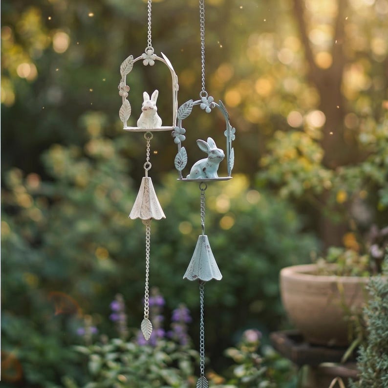Vintage Metall Kaninchen Windspiel, Shabby Chic Garten Dekor, abgenutzt blau / altweiß, 78cm
