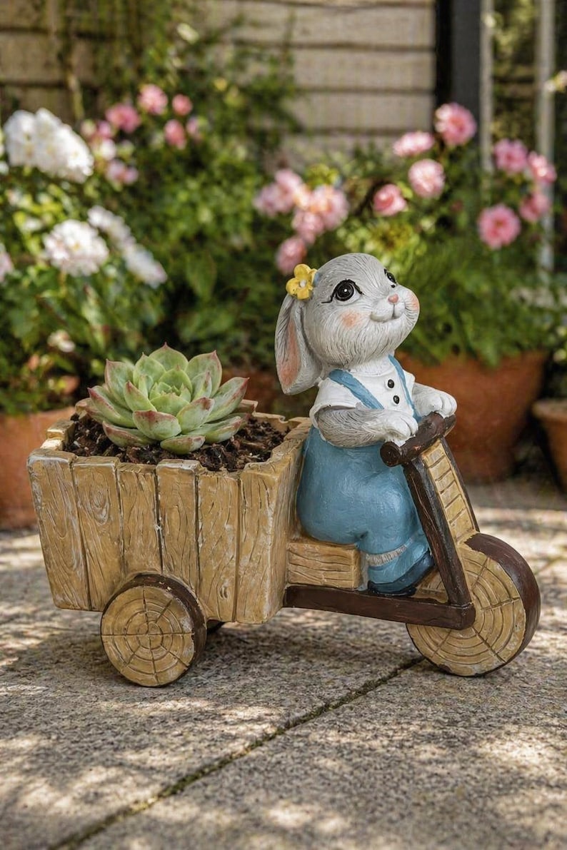 Harz Kaninchen Blumentopf mit Holzwagen, Garten Dekoration für Sukkulenten, 13x11x6,5 cm