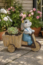 Harz Kaninchen Blumentopf mit Holzwagen, Garten Dekoration für Sukkulenten, 13x11x6,5 cm