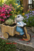 Harz Kaninchen Blumentopf mit Holzwagen, Garten Dekoration für Sukkulenten, 13x11x6,5 cm