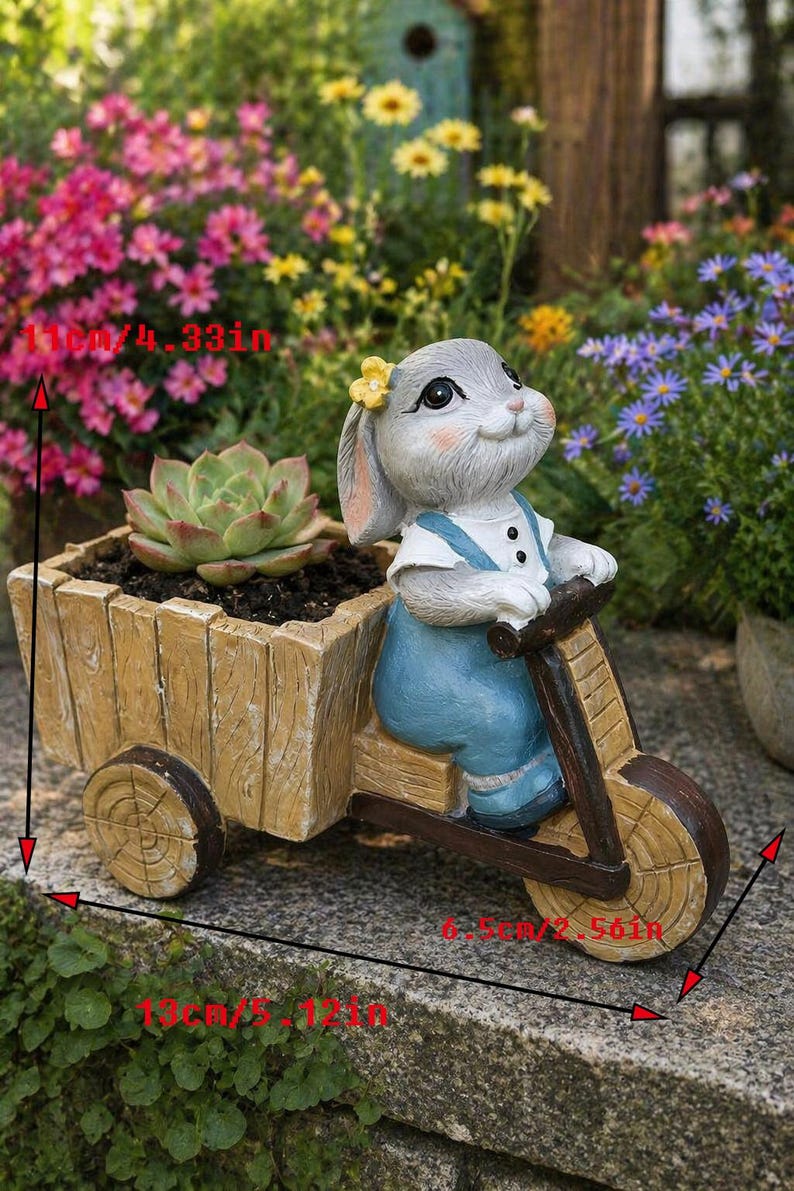 Harz Kaninchen Blumentopf mit Holzwagen, Garten Dekoration für Sukkulenten, 13x11x6,5 cm
