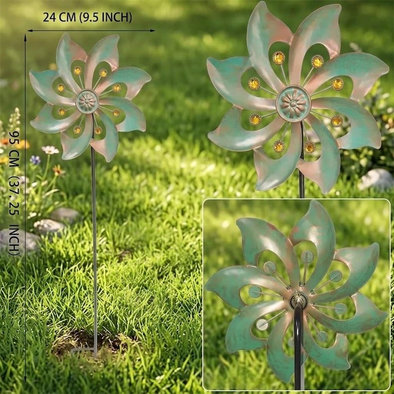 Kupfer Blumen Metall Wind Spinner Gartenstecker Outdoor Kinetic Art Dekor mit bunten Edelstein Akzenten