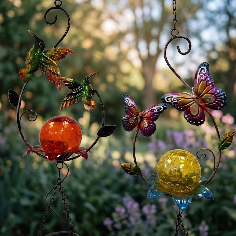 Solarbetriebenes Kolibri und Schmetterling Windspiel aus Schmiedeeisen mit Crackle-Glas, Set