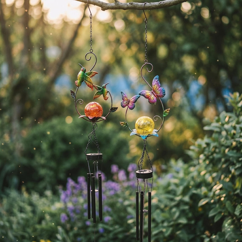 Solarbetriebenes Kolibri und Schmetterling Windspiel aus Schmiedeeisen mit Crackle-Glas, Set