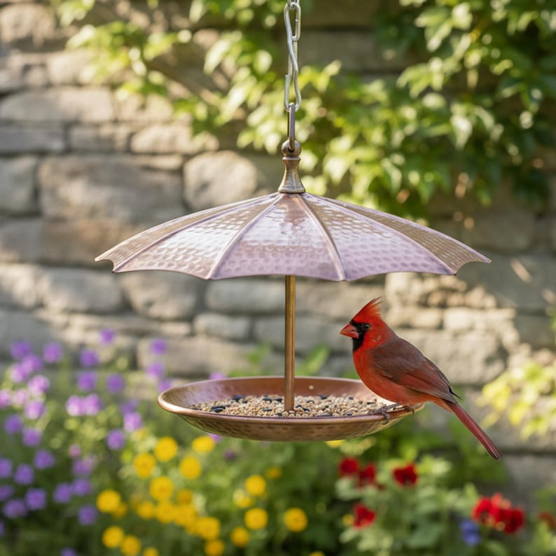 Gehämmerte Kupfer Hängendes Vogel Futterhäuschen mit Dach, Rustikale Garten Dekoration